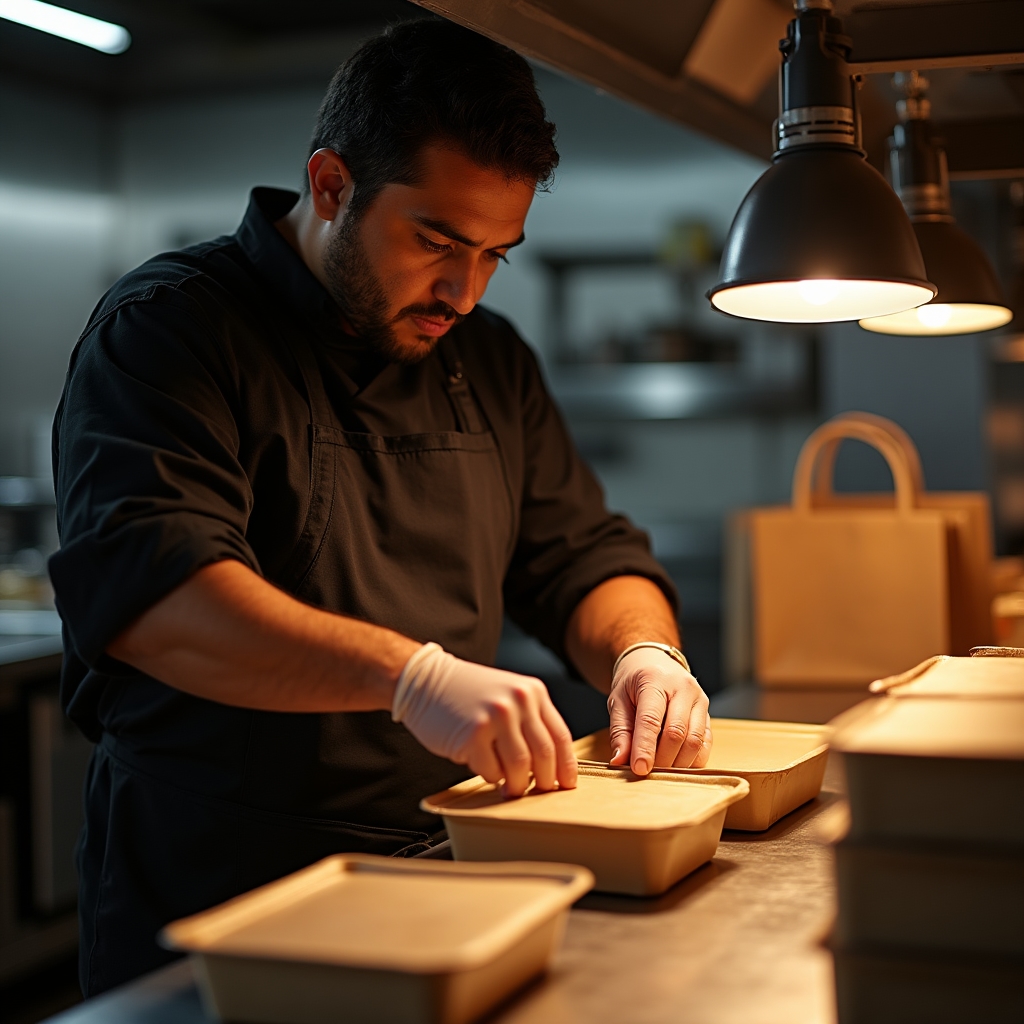 Cocinero empaquetando pedidos para delivery en cocina comercial